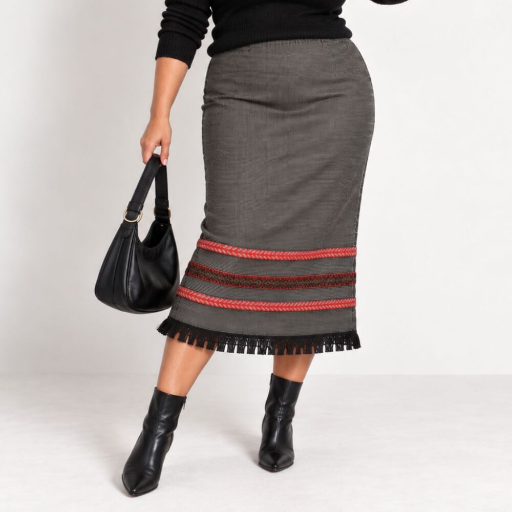 Vintage Requirements Wool Blend Skirt Womens 16P Petite Midi Fringe Embroidered